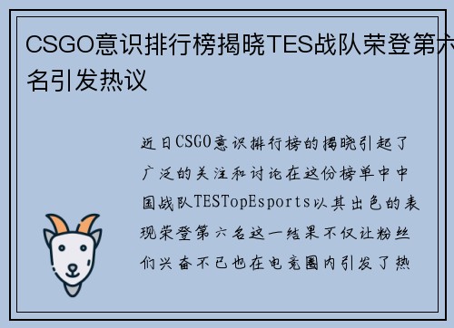 CSGO意识排行榜揭晓TES战队荣登第六名引发热议